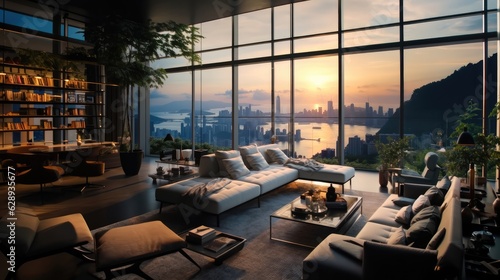 Modern living room overlooking hong kong in a luxury penthouse with floor to ceiling windows.