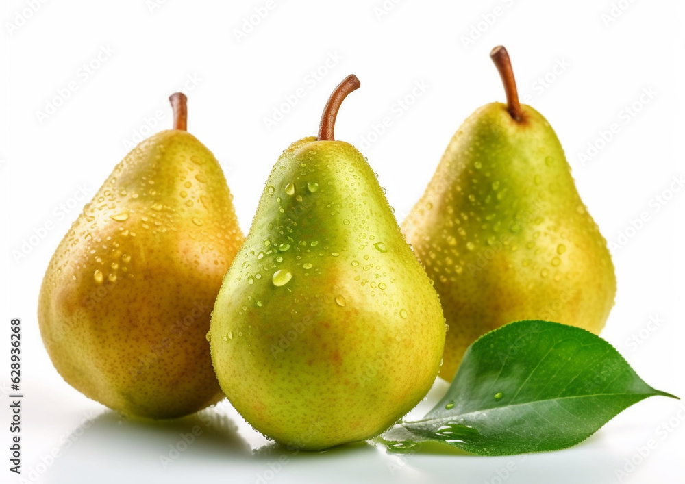 Three ripe fresh pears with leaf on white background.Macro.AI Generative Three ripe fresh pears with leaf on white background.Macro.AI Generative