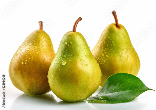 Three ripe fresh pears with leaf on white background.Macro.AI Generative