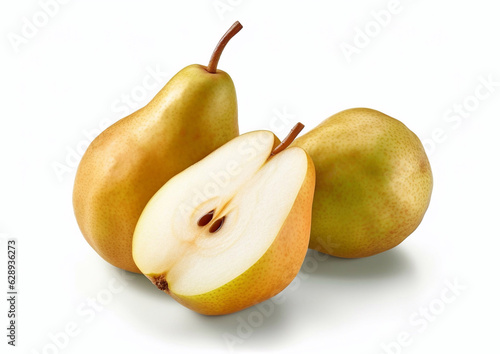 Yellow ripe pears on white background.Macro.AI Generative