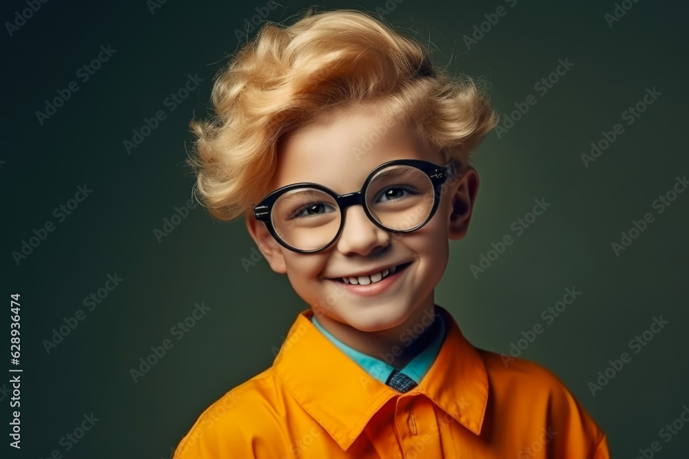 Portrait of smiling little kid boy in glasses over dark background. Kindergarten or school kid