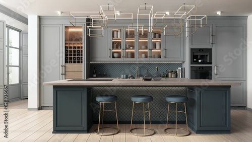 Blue kitchen designed as a combination of classic modern and glamour styles.