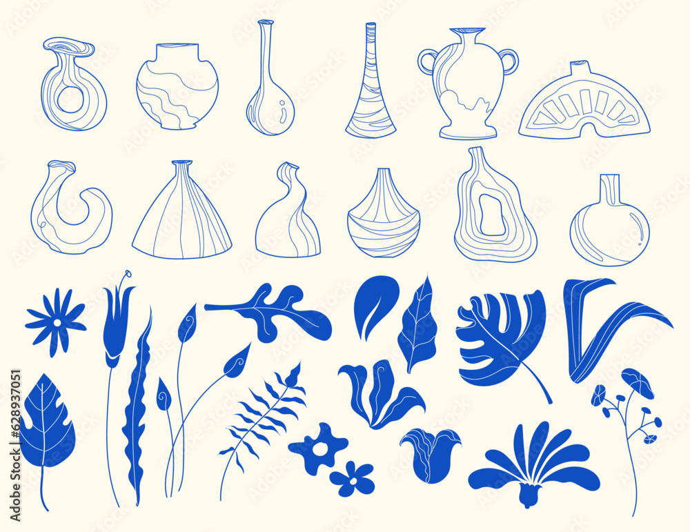 Blue Clay Vase and Pot Ceramic pottery set and Botanical Floral flowers