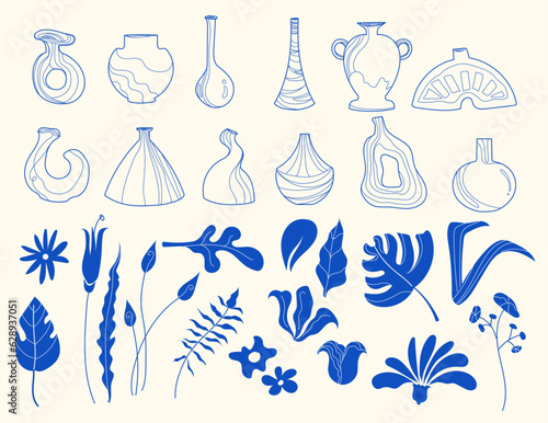 Blue Clay Vase and Pot Ceramic pottery set and Botanical Floral flowers, seamless leaves and plants editable isolated on background ink line simplify illustration variety, diversity, flowerist, leaf