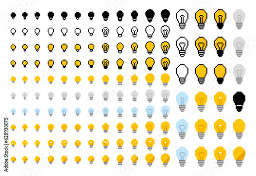 8 bit lightbulb idea icon sheet, pixel ideas lightbulb, pixelated light, 8-bit pixel art isolated vector. 