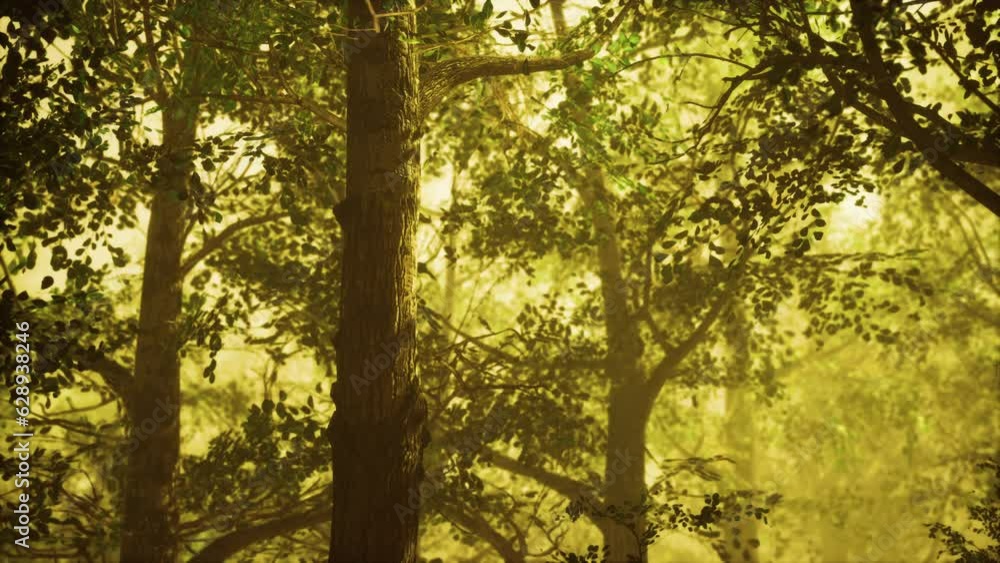 Sun beams pour through trees in foggy forest