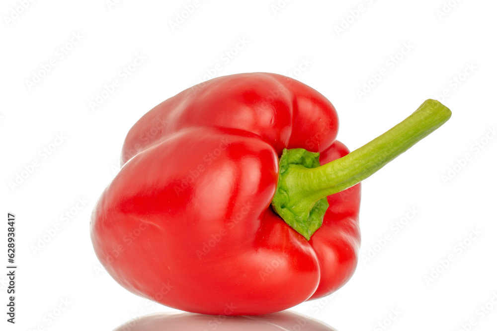 One red bell pepper, macro, isolated on white background.