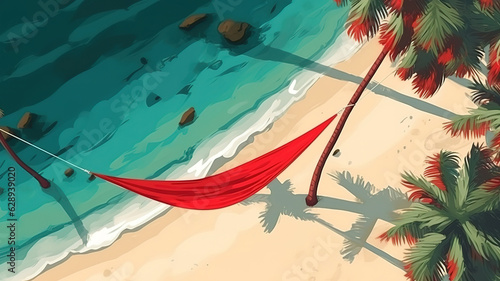 Empty hammock swing around beach sea ocean with white cloud blue sky for travel vacation. Generative Ai