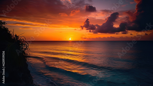 Beautiful outdoor view ocean and beach with tropical coconut palm tree at sunrise time. Generative Ai