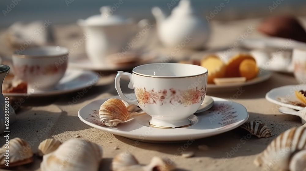 Sea shells with sand as background and copyspace, summer concept. Generative Ai