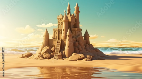 Cute sand castle on the beach. Generative Ai