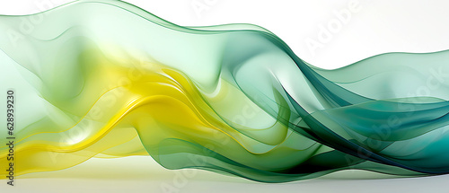 Abstract transparent shape transitioning from blue to green and yellow colors isolated on a white background. Banner. Generative AI