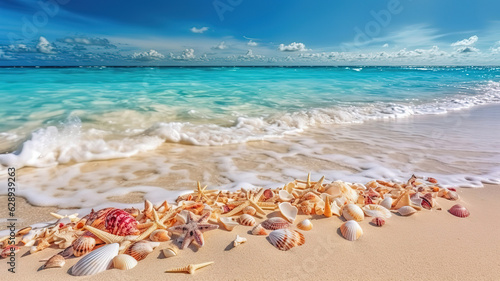Summer beach with strafish and shells. Generative Ai © MDRobiul