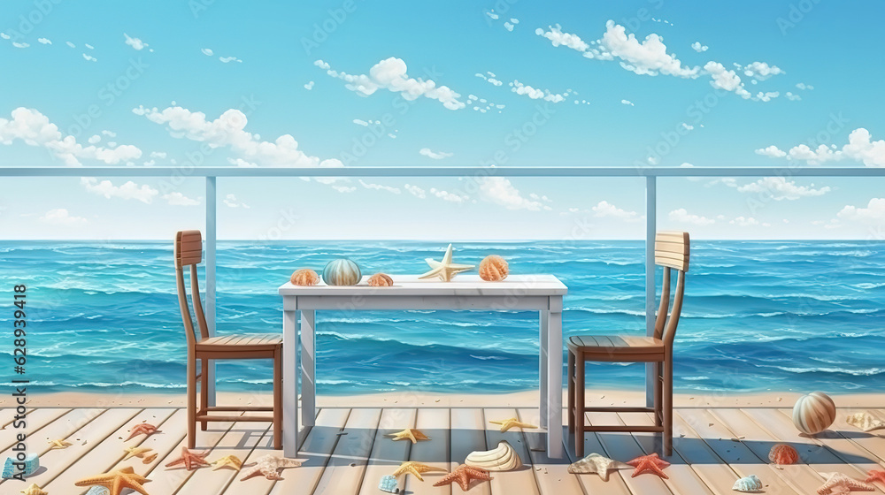 Fototapeta premium Summer beach with strafish and shells, The table in the bar on the terrace. Generative Ai