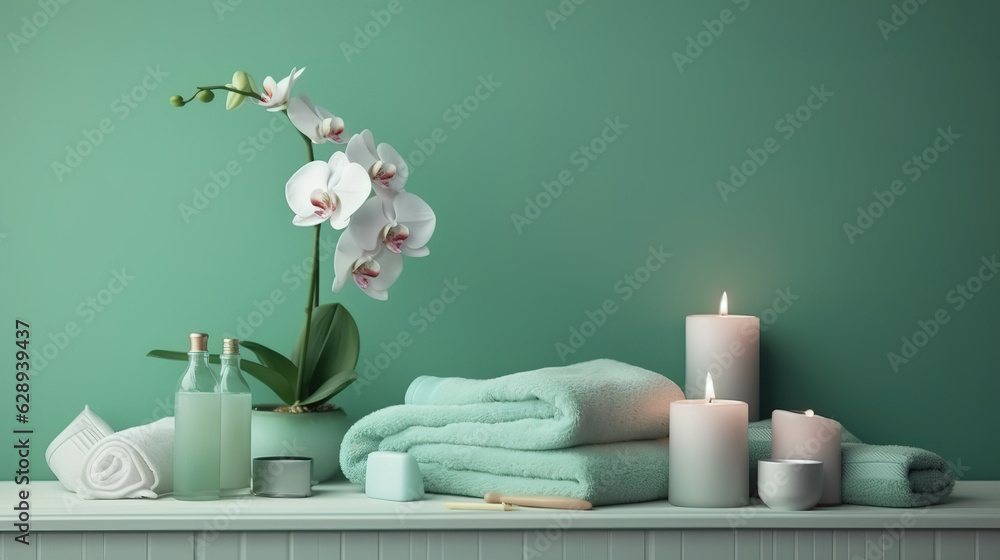 Green spa or wellness background with towels, candle. Generative Ai