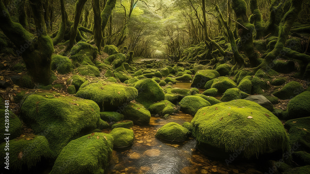 Beautiful shot of a small river in the forest with rocks covered in moss. Generative Ai