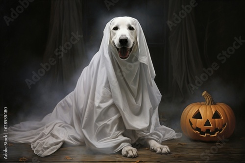 Halloween theme: dog in ghost costume with pumpkins on dark background.Generative Ai