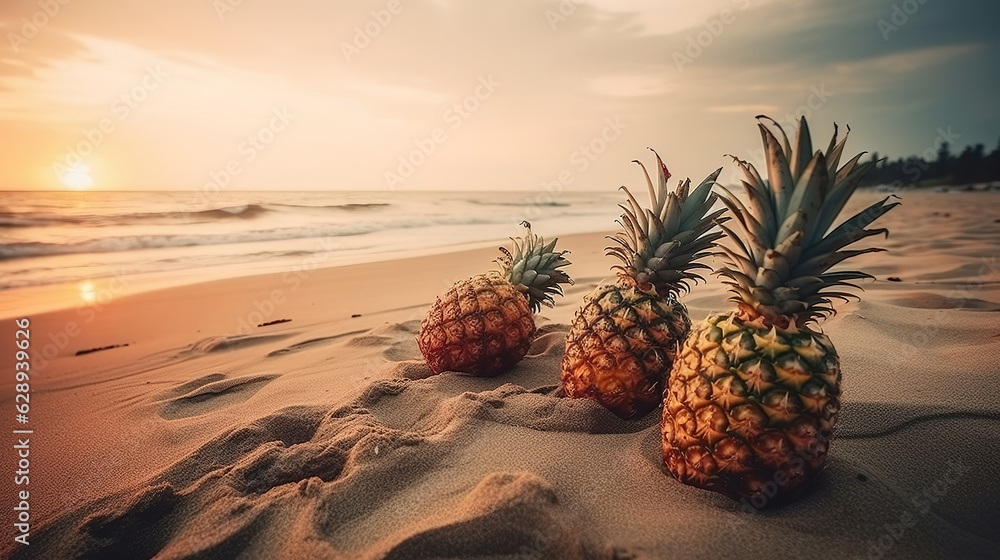 Raw pineapple in glasses, Exotic fruits on the sand near the ocean. Generative Ai Raw pineapple in glasses, Exotic fruits on the sand near the ocean. Generative Ai