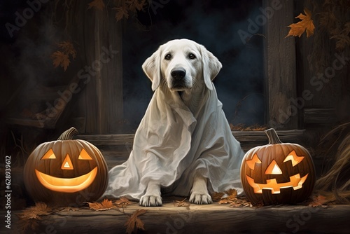 Halloween theme: dog in ghost costume with pumpkins on dark background.Generative Ai