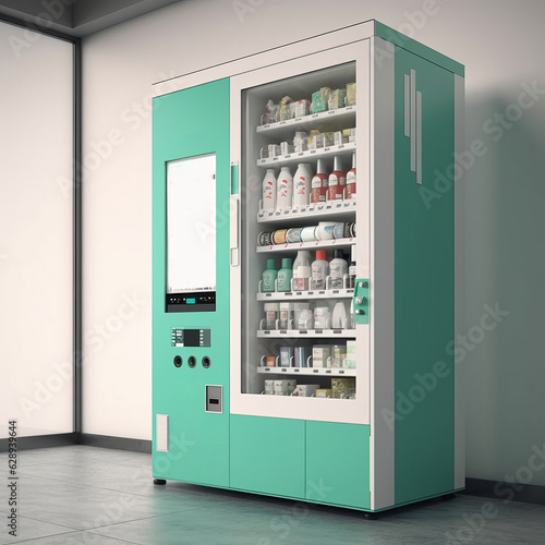 Vending machine for automated trading of consumer goods, equipment for lemonades and single products. Monochrome background, space for text, Generative AI