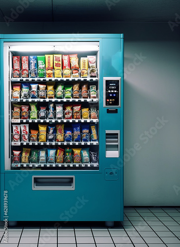 Vending machine for automated trading of consumer goods, equipment for lemonades and single products. Monochrome background, space for text, Generative AI
