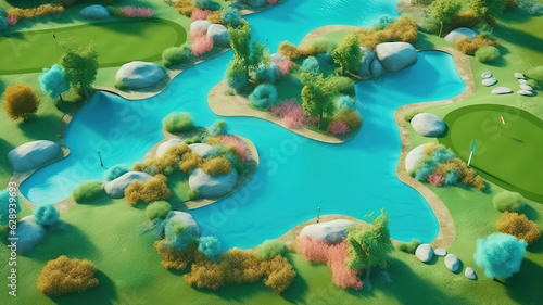 relaxing on the meadow, Pool with blue water aerial view, Golf Sand Trap. Generative Ai