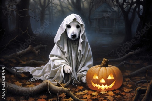 Halloween theme: dog in ghost costume with pumpkins on dark background.Generative Ai