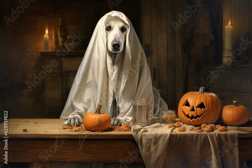 Halloween theme: dog in ghost costume with pumpkins on dark background.Generative Ai © Rudsaphon