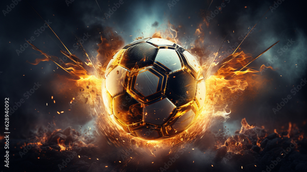Fototapeta premium Soccer ball in motion The ball flies with lightning speed and orange flame effects in a futuristic