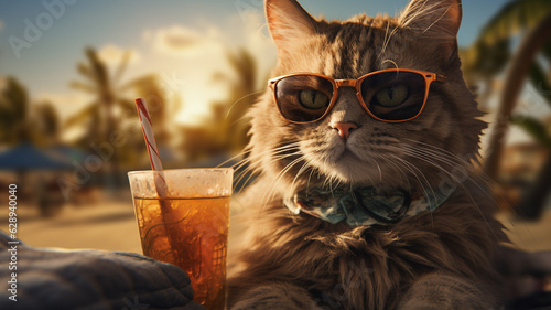 chic cat charisma, wearing sunglasses on the beach in summer, pic as wallpaper. poster, t shirt and others