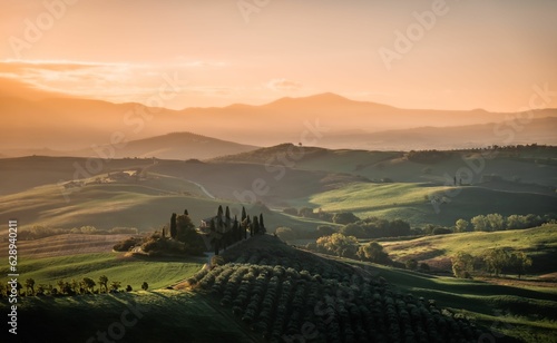 Stunning image captures the beauty of Val d'orcia in Tuscany, Italy during the golden hour