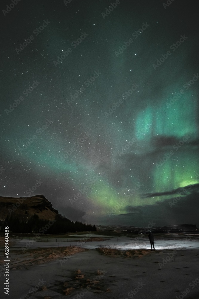 aurora borealis in the night sky above Reykjavik, Iceland, with stars twinkling in the background
