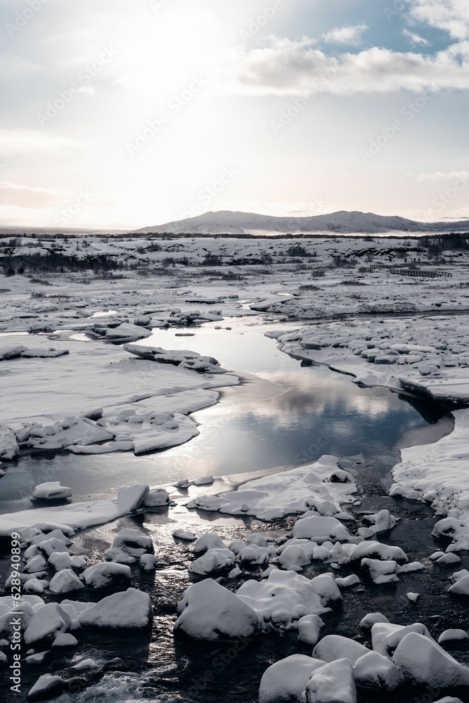 Arctic landscape featuring large ice formations in the frozen tundra in Reykjavik, Iceland