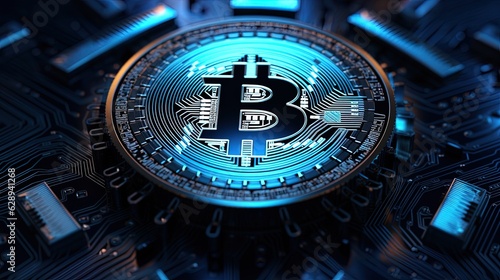 Cryptocurrency Bitcoin with a blue background in the center, generated by AI
