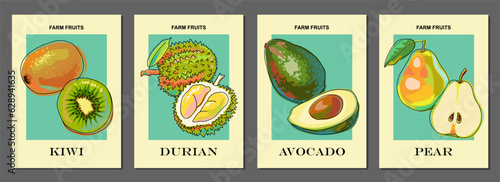 Templates with fruits. Kiwi, durian, avocado, pear. Set of posters. Art for postcards, wall art, banner, background, labels, covers, price tags, packaging. Vector illustration.