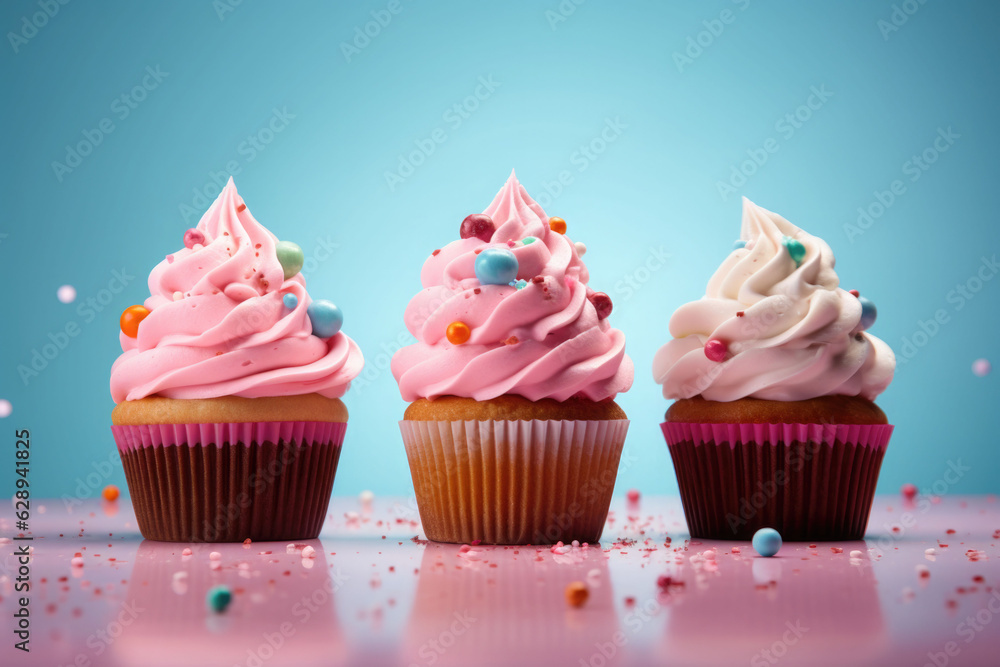 Colorful cupcakes on a pastel background. Generative AI