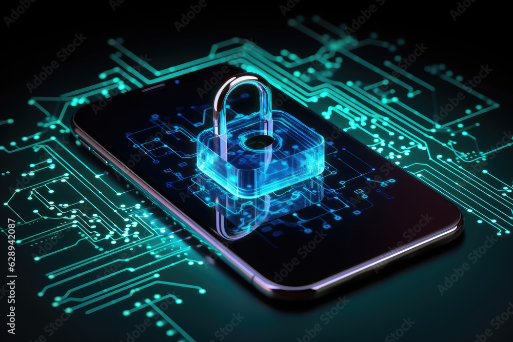 phone with padlock hologram, blurred digital background, Generative AI phone with padlock hologram, blurred digital background, Generative AI