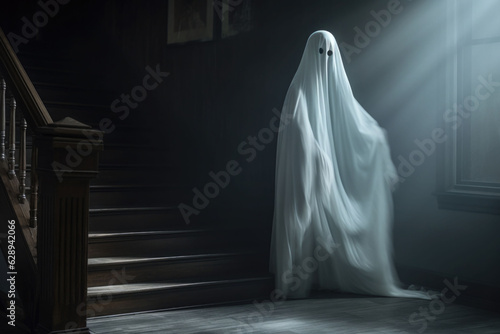 Realistic white scary ghost. AI generated