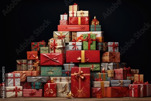 Different christmas presents on a large heap. Large stack of christmas packages. AI generated