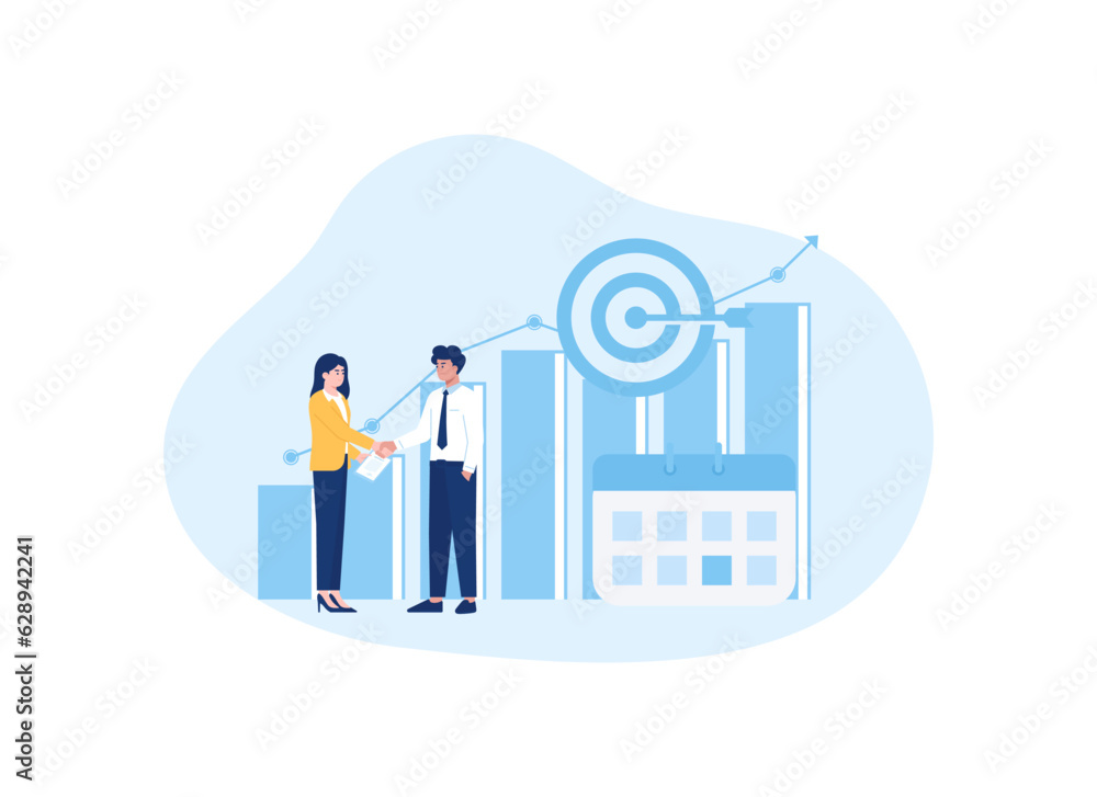 Two people shaking hands and growth data concept flat illustration