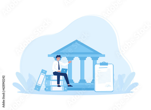 Judge with law book in courthouse concept flat illustration