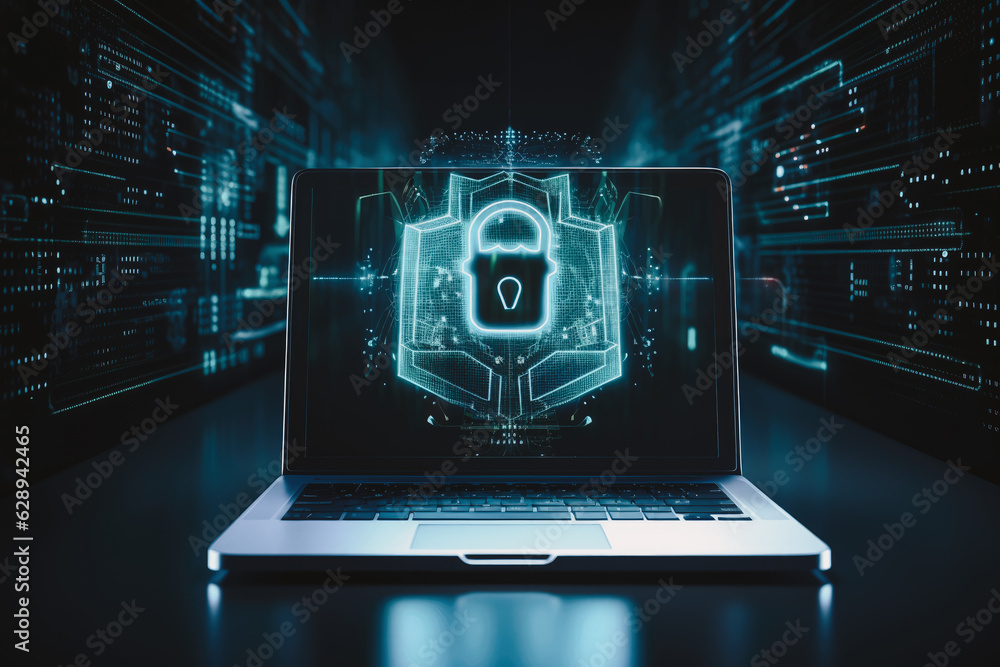 padlock on the notebook screen, blue lights blurred background, Generative AI padlock on the notebook screen, blue lights blurred background, Generative AI