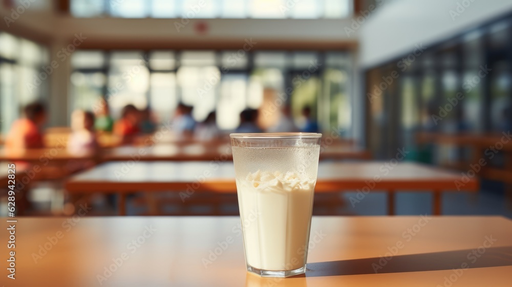 A glass of fresh milk on the table in the school cafeteria. A glass of fresh milk on the table in the school cafeteria.