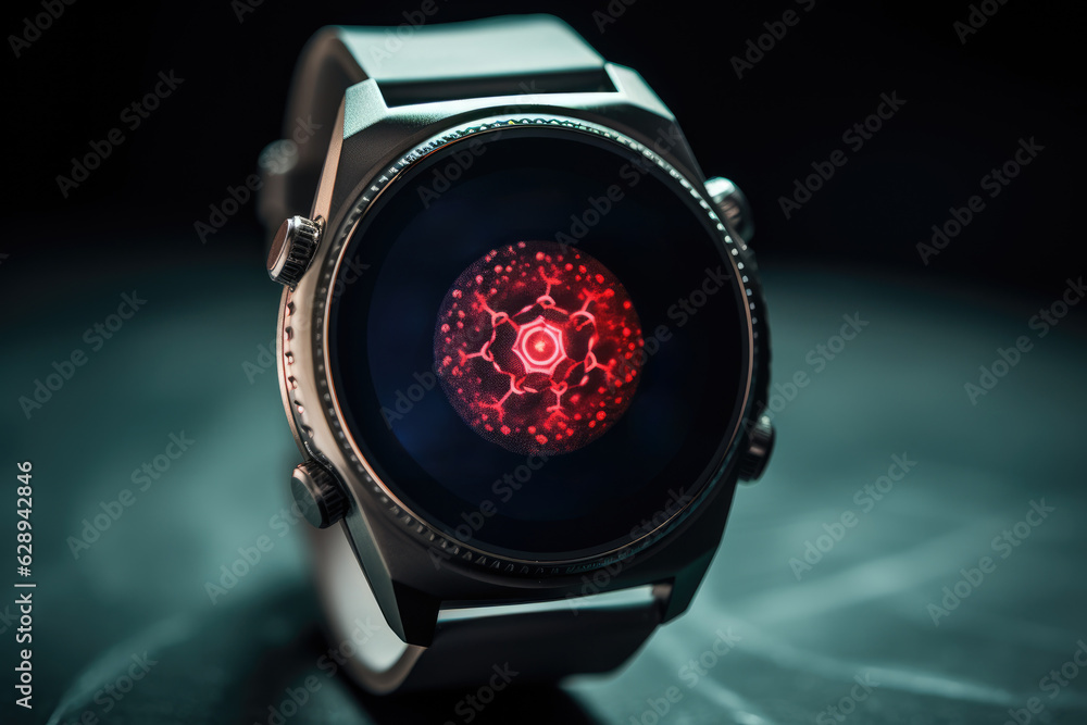 Fotografie virus alert on smartwatch screen, dark black background, Generative AI