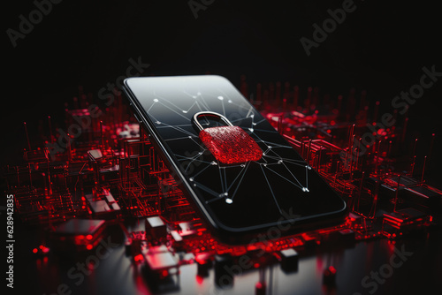 padlock icon on phone display, security threat alert concept design, digital design background, Generative AI