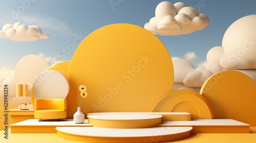 abstract background with blue sky inside the window on the yellow wall. White clouds fly inside the room with vacant podium. Blank showcase mockup with empty round stage .