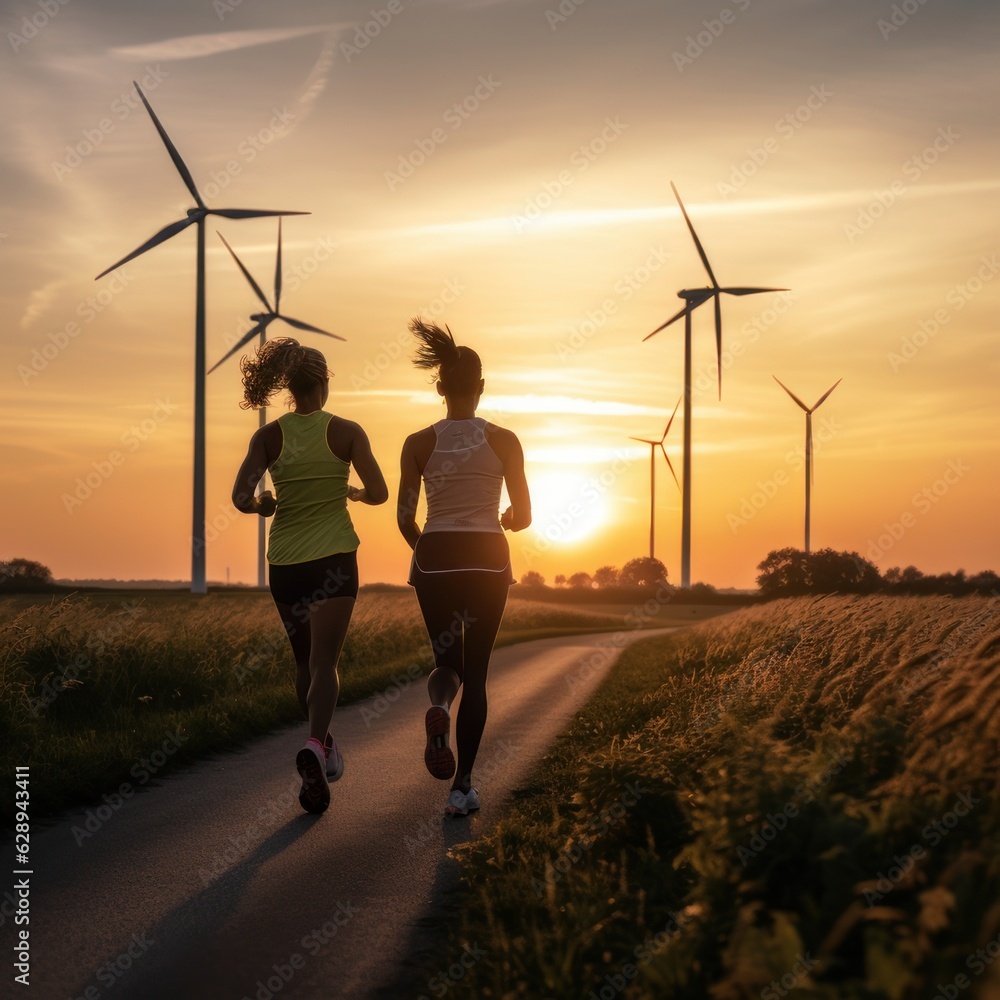 Renewable energy and fitness. Two jogging girls with a panoramic