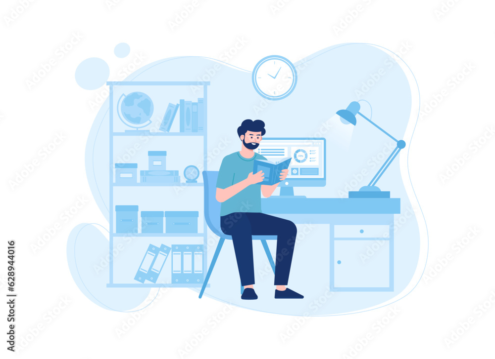 A man is reading a book in the study concept flat illustration A man is reading a book in the study concept flat illustration