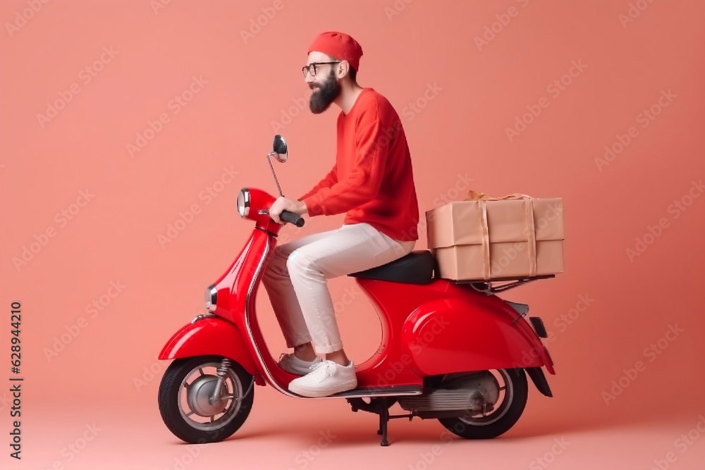 Side view on courier male guy driving a moped motorcycle. Delivery male is in a hurry to deliver orders isolated over a red color background. Generated Ai