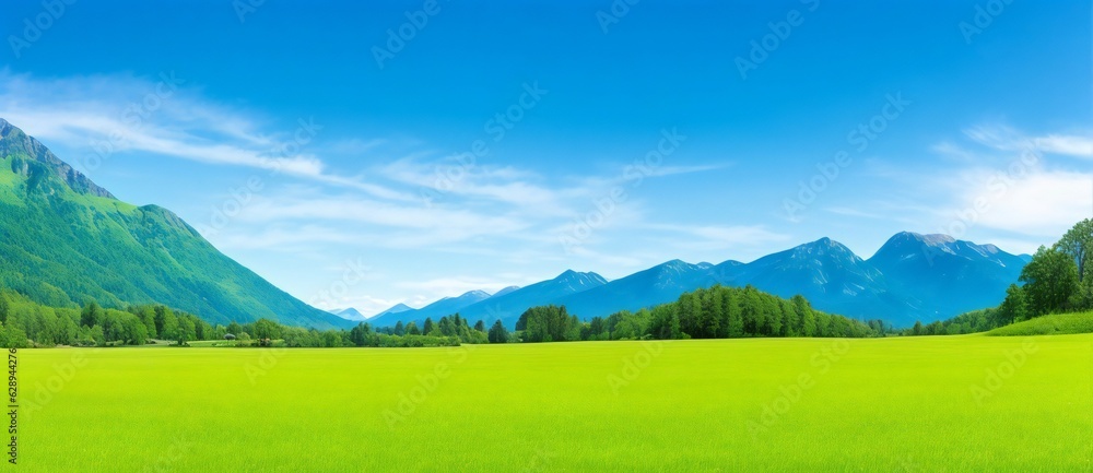 Fototapeta premium Panoramic natural landscape with green grass field, blue sky with clouds and mountains in the background. Panorama summer spring meadow. Generative Ai